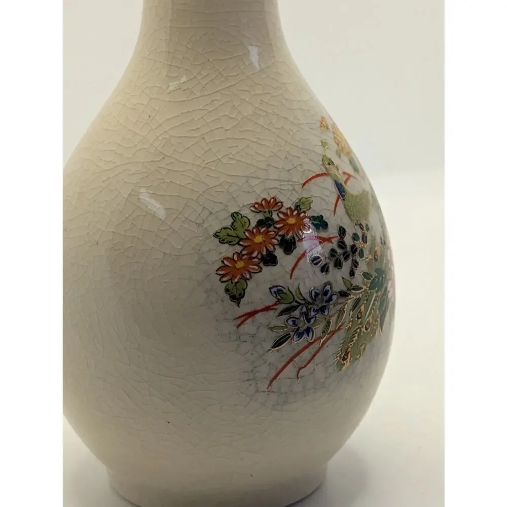vintage crackle-glaze porcelain vase with a hand-painted peacock & floral design